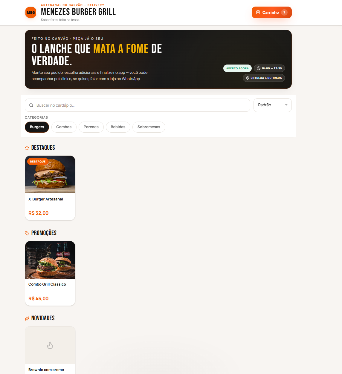 Menezes Burger Grill: Aplicativo e operação própria para delivery com cardápio digital, pedidos online, pagamentos, painel administrativo e fluxo de cozinha.