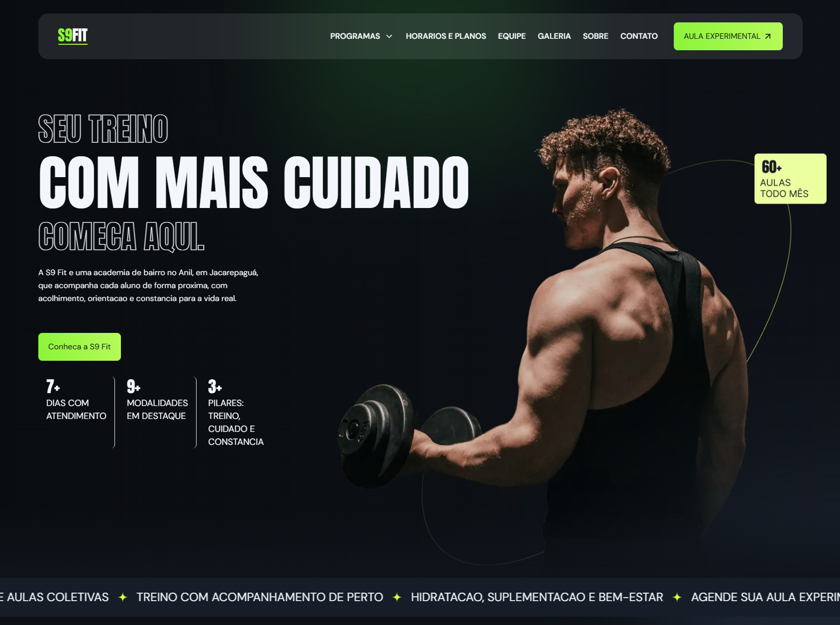 Peça visual do projeto S9Fit mostrando a direção do site da academia